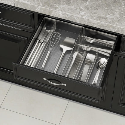 JANE EYRE Utensil Drawer Organizer - Expandable Cutlery Tray, Silverware/Flatware Storage Divider for Kitchen, Mesh Designing with Non-slip Rubber Feet (Silver)