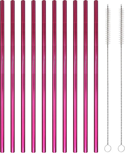10 Pcs Stainless Steel Straws, Reusable Drinking Straws, Straight Metal Straw Sets with 2 Pcs Cleaning Brushes (8.5 Inch, Rose Red)