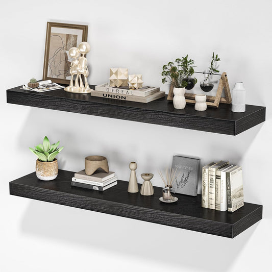 Floating Shelves for Wall, 36" W x 8" D x 1.5" H, Wooden Wall Mounted Display Shelves with Invisible Brackets for Living Room, Bedroom, Bathroom, Kitchen Decor and Storage, Set of 2, Black