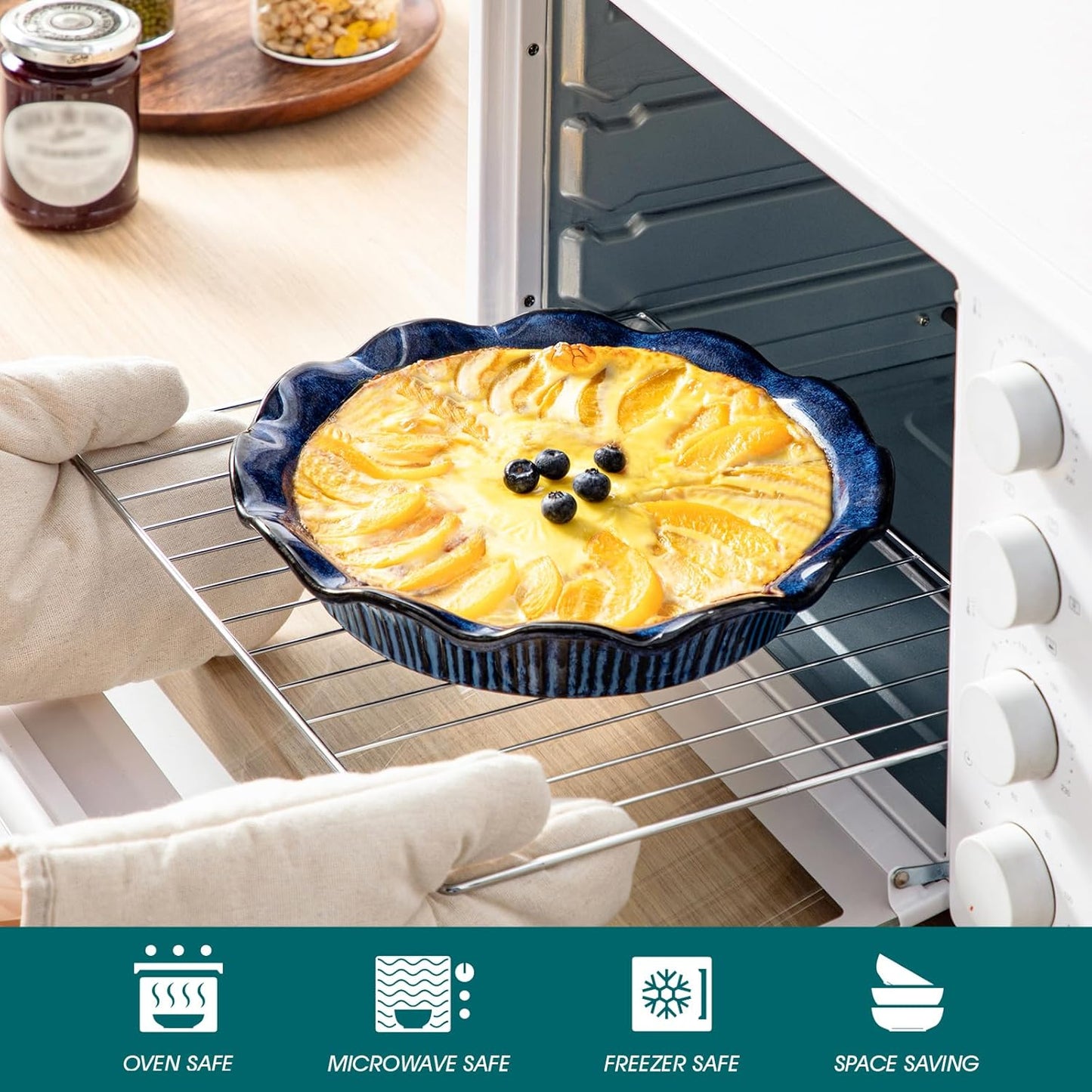 vancasso Stern Ceramic Pie Pan, 9 inch Pie Pans with Ruffled Edge, Deep Pie Dishes for Baking, Round Pie Plates for Apple, Quiche, Pot Pies, Tart, Oven & Dishwasher Safe, Set of 2, Blue