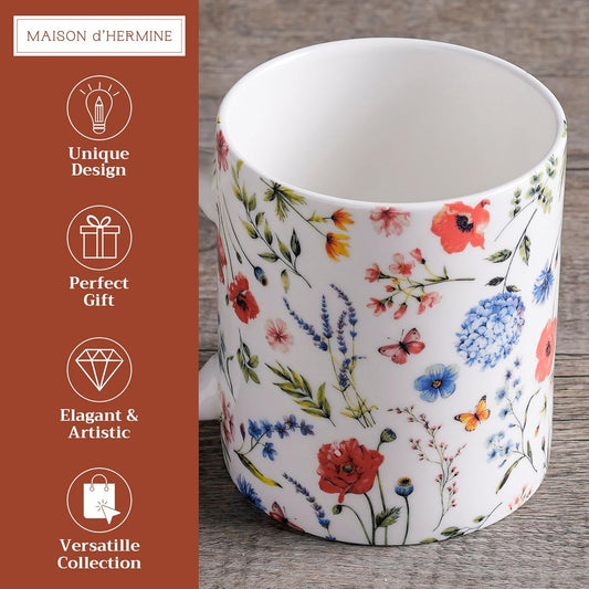 Maison d' Hermine Coffee Mug with Handles Fine Bone China Mugs Pack of One Tea Cups for Hot Beverages Cappuccino Latte Home Restaurant Office Perfect for Gift (Just Floral - Blues 'N Redz, 12 Ounce)