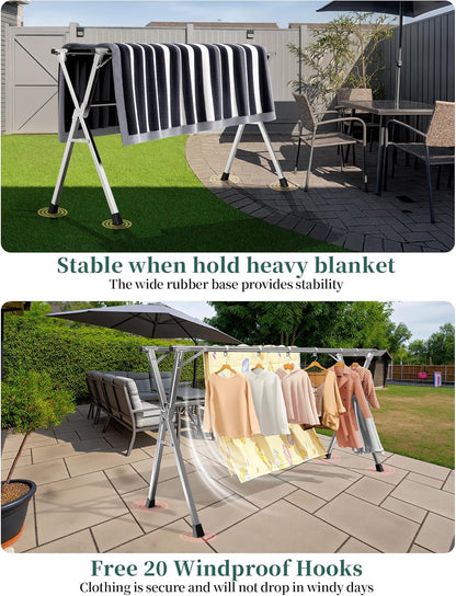 79 Inches Heavy - Duty Stainless Steel Folding Clothes Drying Rack Indoor Outdoor Anti-Rust 20 Windproof Hooks Portable & Foldable Laundry Rack (79'')