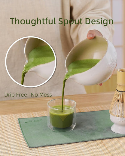 ZENS Matcha Whisk Set, Ceramic Matcha Set Includes 15oz Sakura Bowl, Bamboo Whisk & Chasen Holder, Scoop & Sifter-Tea Towel, 6pcs Matcha Kit for Matcha Lovers, White