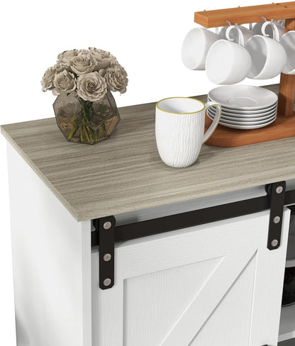 Panana Sliding Barn Door Buffet Sideboard Storage Cabinet Coffee Bar Kitchen Farmhouse Style (White Cabinet Nature Top)