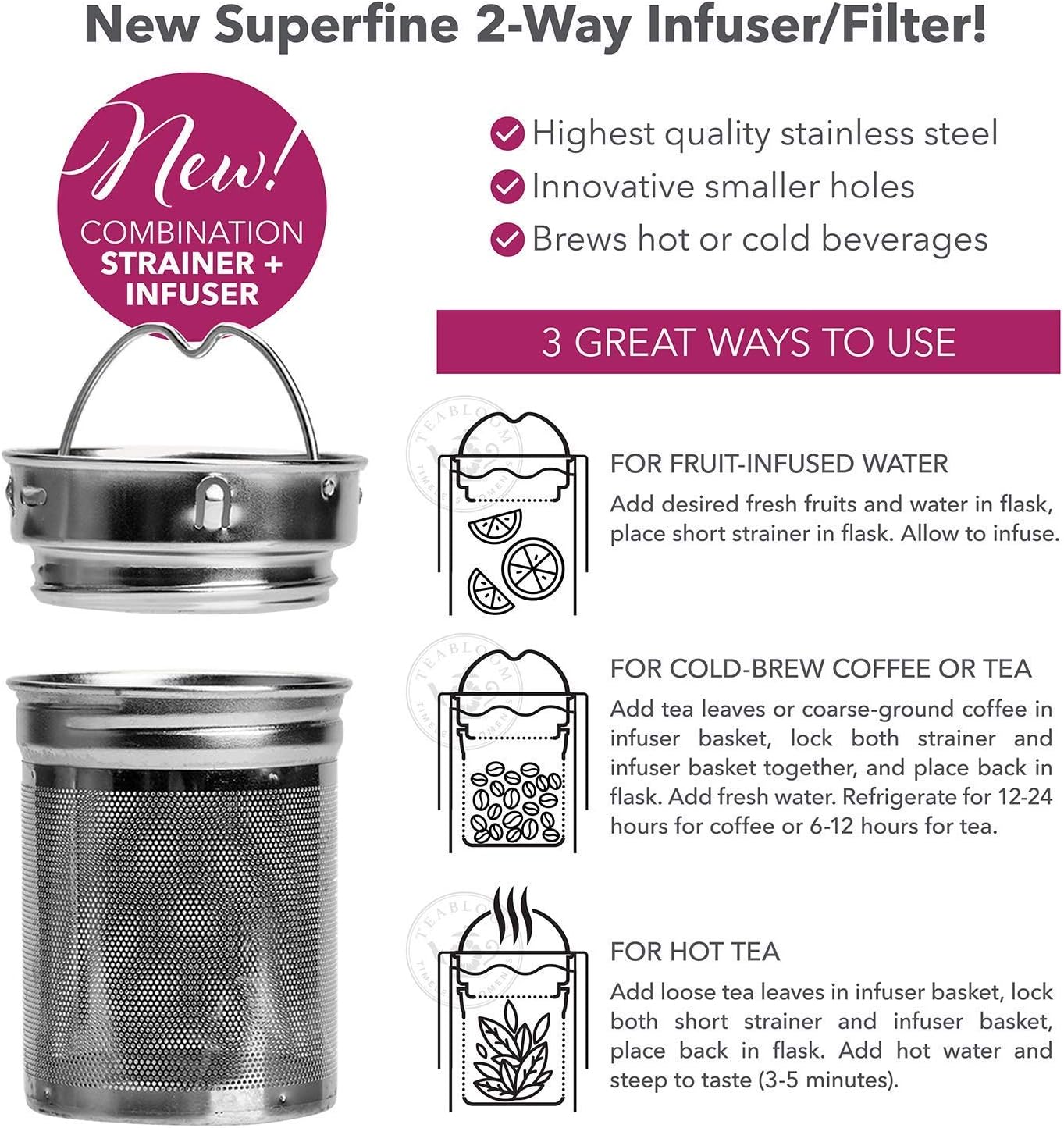 Teabloom ORIGINAL All-Purpose Beverage Tumbler - 16 oz - 480 ml - Brushed Metal Insulated Water Bottle/Tea Flask/Cold Brew Coffee Mug - Extra-Fine Two-Way Infuser Travel Bottle - Ruby Red
