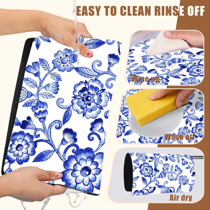 Dish Drying Mat Watercolor Blue Flowers Coffee Bar Mat for Countertop - Absorbent, Rubber Backed, Hide Stain Dish Drainer Rack - Coffee Maker Pot Dining Room Decor 15.7 x 23.6 Inch