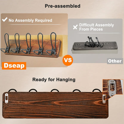 Dseap Coat Rack Wall Mounted - Heavy Duty Farmhouse Rustic Wall Coat Hanger With 5 Wire Hooks for Clothes Hat Jacket Towel, RusticWire, G25A, Rustic Brown & Black, Pack of 2