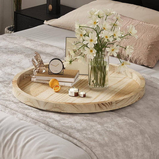 Round Ottoman Tray for Coffee Table Living Room Wood Serving Tray Large Wooden 24 Inches Rustic Torched