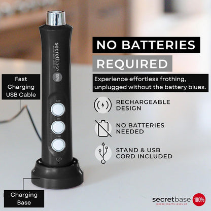 Secretbase 3 Speed Rechargeable Milk Frother and Cup Set, Cordless USB Charging Cradle - Handheld Milk Frother, Double-thickness Whisk, Tiny Egg Beater, Mini Electric Coffee Stirrer(Black)