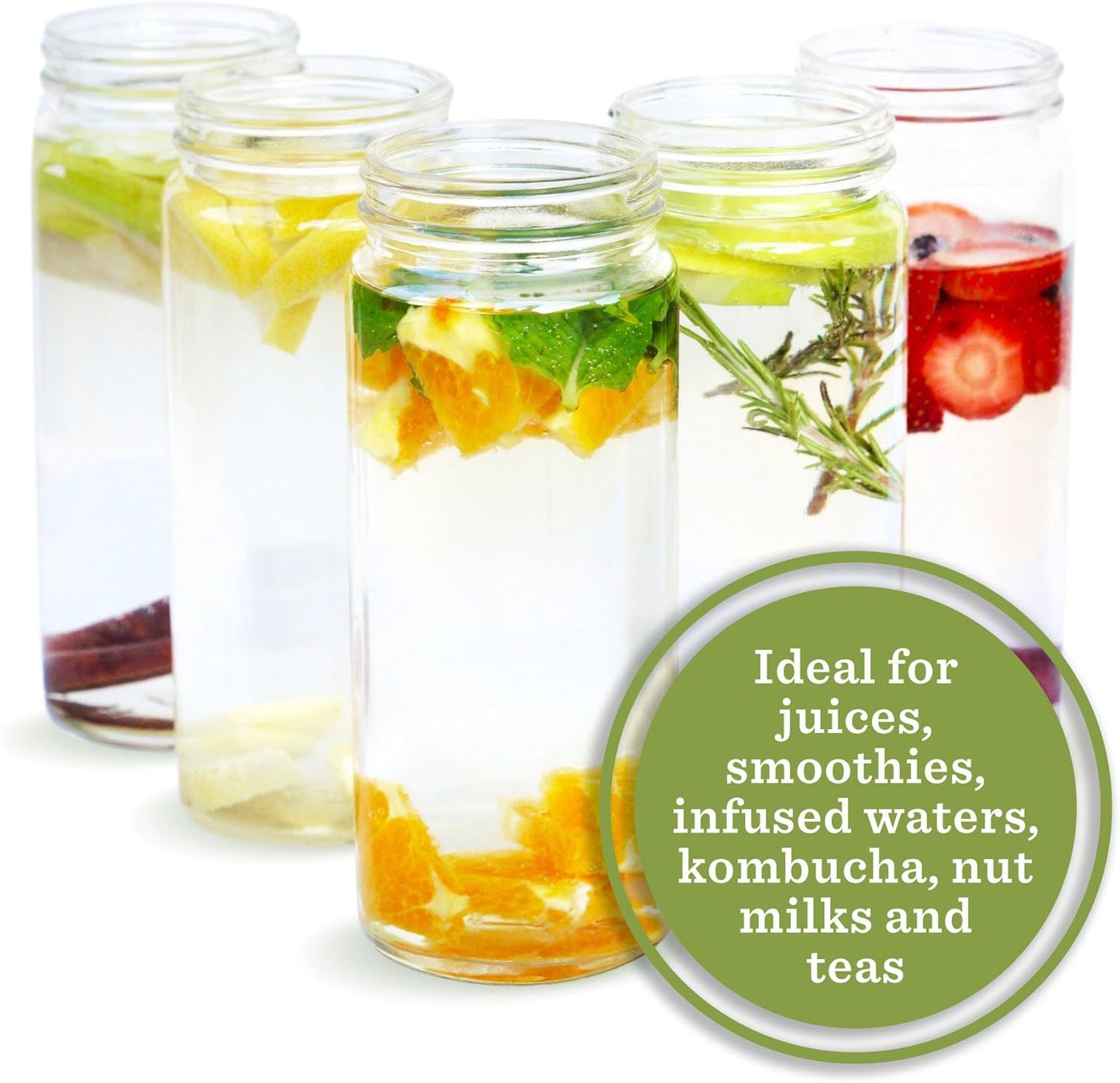 All About Juicing Clear Glass Water Bottles Set - 6 Pack Wide Mouth with Lids for Juice, Smoothies, Beverage Storage - 16 oz, Durable, Reusable, Dishwasher Safe, Leak Proof (Black Caps)