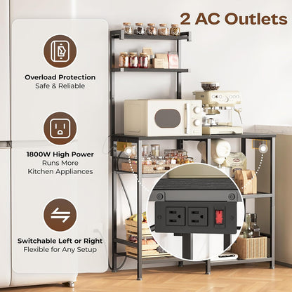 Huuger 31.5 Inch Bakers Rack with Power Outlets, Kitchen Microwave Stand with Storage, Coffee Bar with 4 Hooks, 3-Level Height Open Shelves, Black
