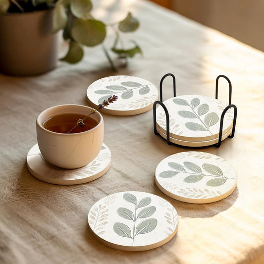 VEYRO Coasters Set of 4 for Drinks – Absorbent Ceramic Stone Drink Coasters with Cork Backing for Coffee Table & Desk, Modern Boho Look Cup Coaster Set, Housewarming Gift for New Home