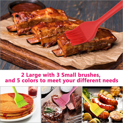 Silicone Basting Pastry Brush Set 5 Pack Heat Resistant Spread Oil Butter Sauce for BBQ Grill Barbeque Kitchen Baking Cooking Pastries, 2 Large & 3 Small Multicolor