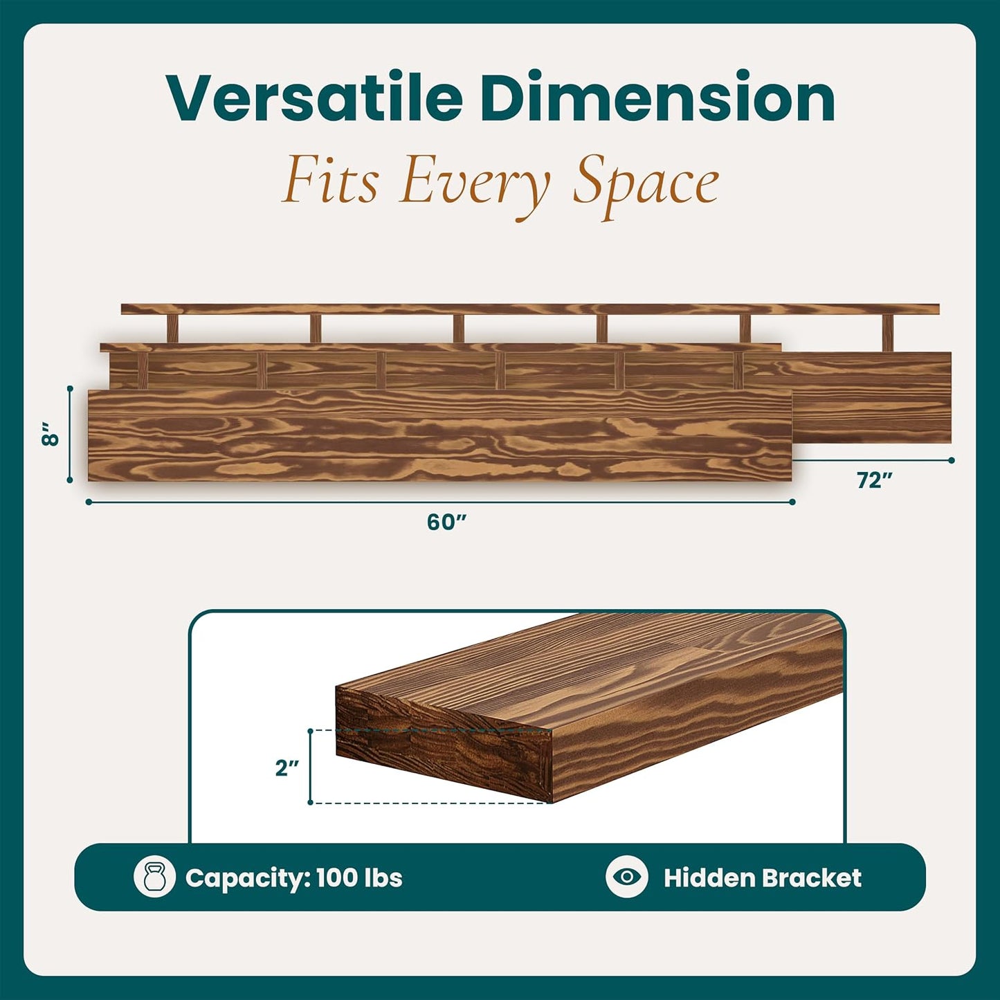 72'' Pine Wood Floating Shelf for Wall - Rustic Wall Mounted Wooden Shelf for Stylish Home Décor, Fireplace Mantel 72inch (Light Walnut, 72x8x2) - 1pcs