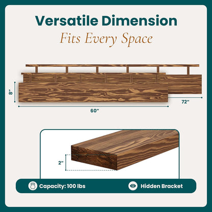72'' Pine Wood Floating Shelf for Wall - Rustic Wall Mounted Wooden Shelf for Stylish Home Décor, Fireplace Mantel 72inch (Light Walnut, 72x8x2) - 1pcs