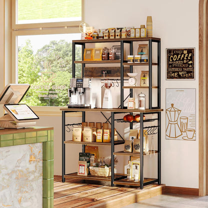 SUPERJARE Large Bakers Rack with Power Outlets, 6-Tier Microwave Stand, Coffee Bar with 12 S-Shaped Hooks, Kitchen Shelf with Wire Basket, 39.3 x 15.5 x 66.9 Inches, Rustic Brown