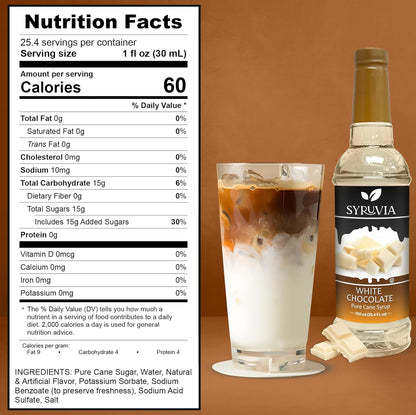 Syruvia White Chocolate Syrup for Coffee 25.4 Ounces White Chocolate Coffee Syrup