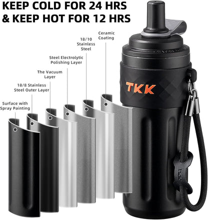 TKK 17 OZ Travel Tumbler Ceramic Lining with Straw Lid, Stainless Steel Vacuum Insulated Double Wall Coffee Tumbler, Leak Proof Iced Water Bottle with Carry Strap for Hot & Cold Drinks, Black