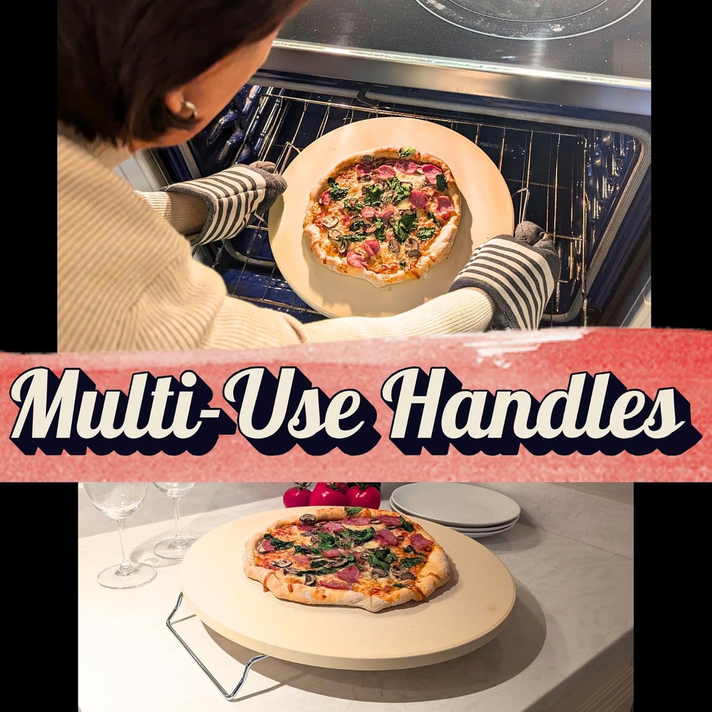 Large Pizza Stone for Oven 16 inch - Round Pizza Stone for Grill with Handles, Wood Pizza Peel and Cutter Set - Baking Stone for Bread - Pizza Making Kit Accessories - Gifts for Food Lovers