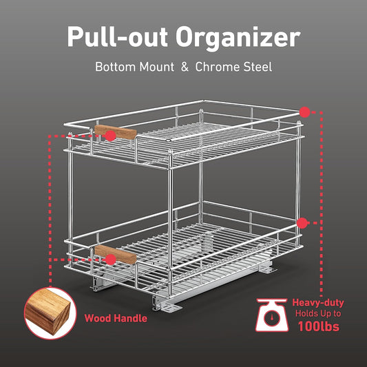 Pull Out Cabinet Organizer(14" W x 21" D), 2 Tier Slide Out Shelves with Wood Handle, Sliding Drawer Pull Storage Shelf for 15-1/4” Cabinet Opening, Chrome