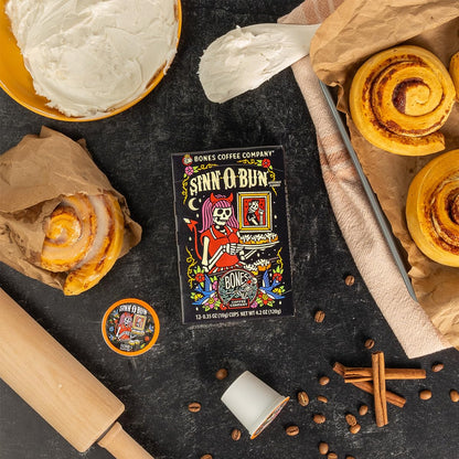 Bones Coffee Company Cinnamon Roll Flavored Coffee, Medium Roast Low Acid Arabica Beans Compatible with Auto drip and French Press Coffee Maker, 12 Oz Whole Bean