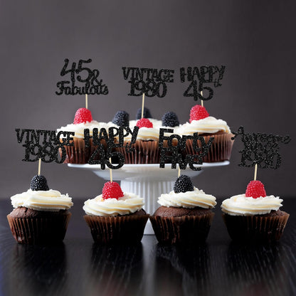 Gyufise 30 Pack Black Glitter 45th Birthday Cupcake Toppers Vintage 1980 Awesome Since 1980 45 Fabulous Cupcake Picks 45th Birthday Wedding Anniversary Party Cake Decorations Supplies