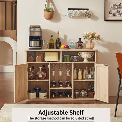 Lerliuo 47.2" Rattan Wine & Liquor Cabinet with 2 Doors, Boho Farmhouse Coffee Bar Station, Built-in Wine Racks & Storage, Adjustable Shelves for Living Room, Dining Room, Kitchen, Natural Wood