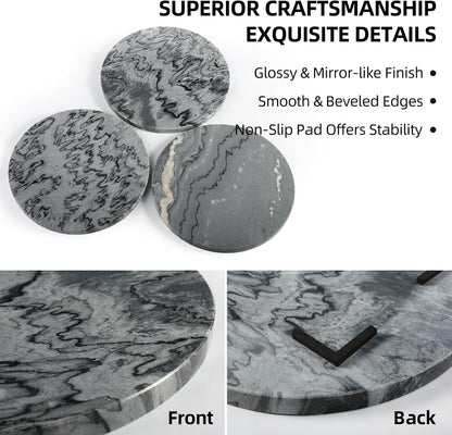Koville African Natural Marble Cutting Board for Kitchen, 11inch Round Hand Crafted Marble Slab for Cheese, Charcuterie, Pastry Board - Wedding Gift, House Warming Gift(Monte Grigio)
