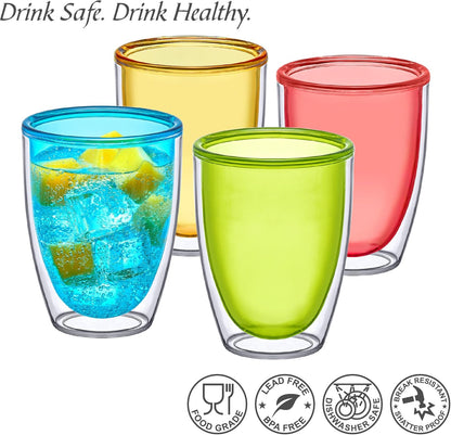 Amazing Abby - Andes - 12-Ounce Insulated Plastic Tumblers (Set of 4), Double-Wall Plastic Drinking Glasses, Mixed-Color Reusable Plastic Cups, BPA-Free, Shatter-Proof, Dishwasher-Safe