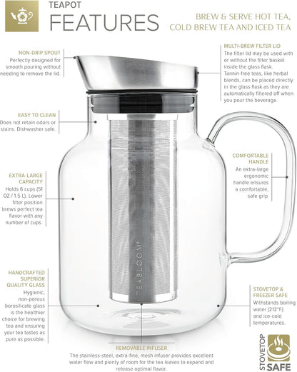 Teabloom Large Multi-Brew Borosilicate Glass Teapot + Kettle + Pitcher – Steep and Serve Hot Tea, Iced Tea, Cold Brew Tea and Fruit Infused Water – Legacy Tea Maker (51 OZ or 85 OZ)