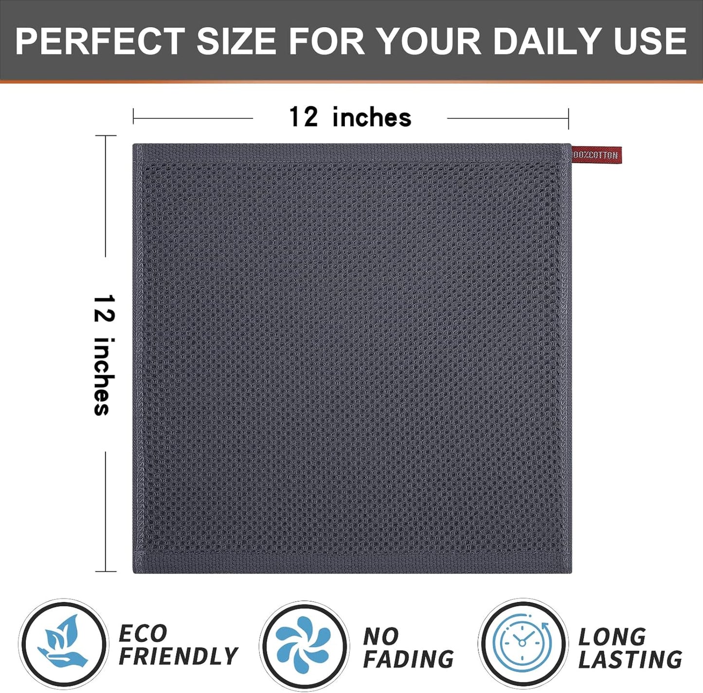 Kitinjoy 100% Cotton Kitchen Dish Cloths, 6 Pack Waffle Weave Ultra Soft Absorbent Dish Towels for Drying Dishes Quick Drying Kitchen Towels Dish Rags, 12 X 12 Inches, Dark Grey