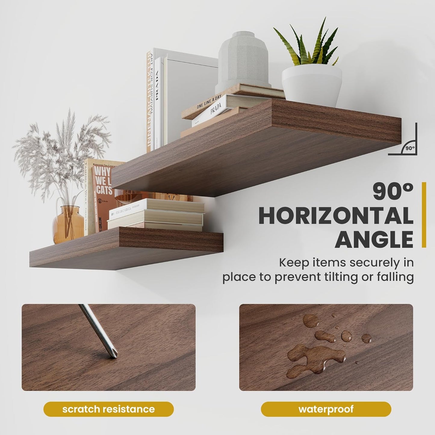 36 Inch Floating Shelves, 9.3" Deep Floating Shelf Wall Mounted, 36" Wall Shelves, Rustic Deep Bookshelf, Large Display Shelves & Storage Shelves for Bedroom, Living Room, Walnut, Set of 2