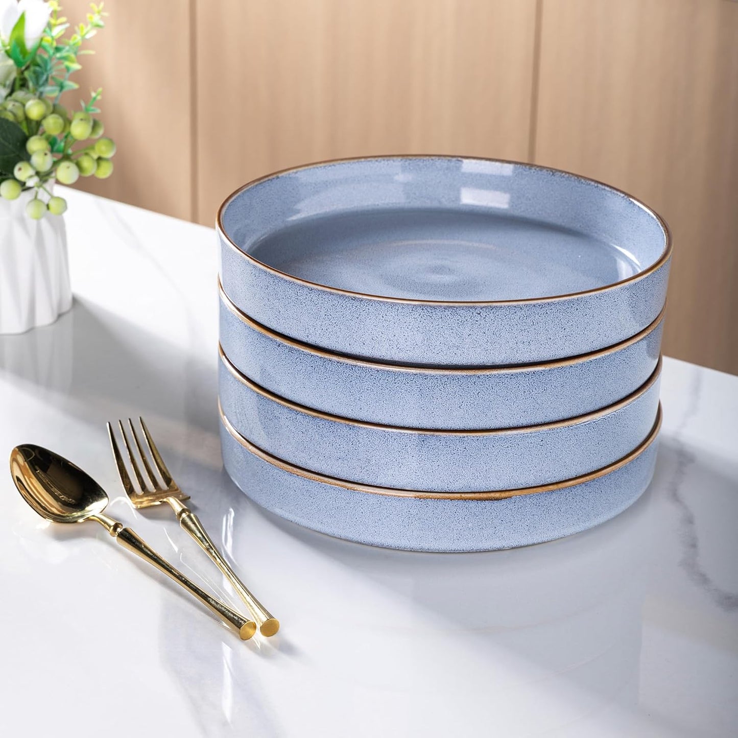 GBHOME 9'' Large Ceramic Pasta Bowls, 32oz Stoneware Pasta Serving Bowls Set of 4 for Kitchen, Wide Bowls for Fruit,Pasta,Salad,Oatmeal,Meal, Microwave Safe, Reactive Glaze-Brunnera Blue