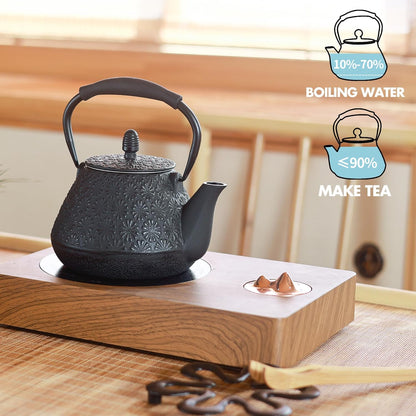 Cast Iron Teapot, 32oz Tea Kettle with Infuser for Stove Top, Sakura Blossom Pattern Japanese Tea Pot for Tea & Coffee Coated with Enameled Interior, Silicone Handle 950ml black