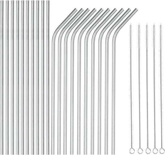 wholesale 25 Piece Set Stainless Steel Straws Long 8.5 Inch Drinking Metal Straws Reusable Drinking Straws for 20 OZ (10 Straight | 10 Bent | 5 Brushes)