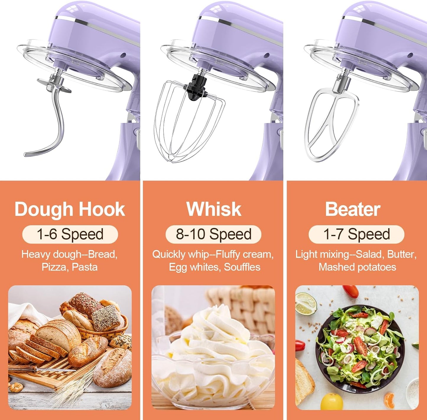 3-IN-1 Electric Stand Mixer, 6.5QT Bowl 660W 10-Speed Kitchen Mixer, Household Food Mixers include Dough Hook, Beater and Whisk, Bread Cake Mixer for Baking and Most Home Cooks, Purple