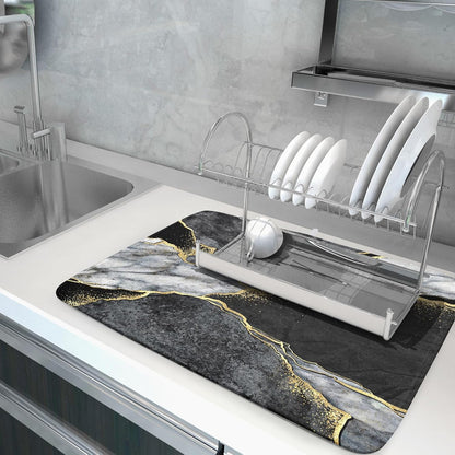 Giwawa Marble Dish Drying Mat for Kitchen Counter 18x24 inch Black Grey Gold Marbling Print Decorative Absorbent Dish Drying Pad Elegant Luxury Granite Stone Microfiber Large Drainer Rack
