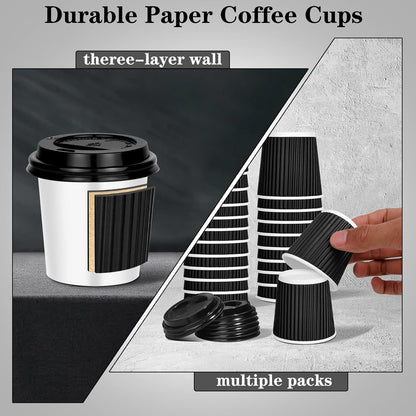 100 4oz Disposable Espresso Cups with Lids Ripple Corrugated Paper Disposable Coffee Cups Cups for Hot Chocolate, Tea, and Cocoa Drinks (Black)