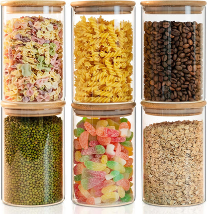 50oz Glass Food Storage Jars Set of 6,Glass Storage Containers Clear Glass Food Canister with Bamboo Lid Airtight For Serving Tea, Coffee, Flour, Sugar, Candy, Cookie, Spice and More (Round)