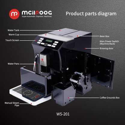 Mcilpoog WS-201 Super Fully Automatic Espresso Coffee Machine With Bean And Flour Dual-use With Manual Steam Wand And Touch Screen