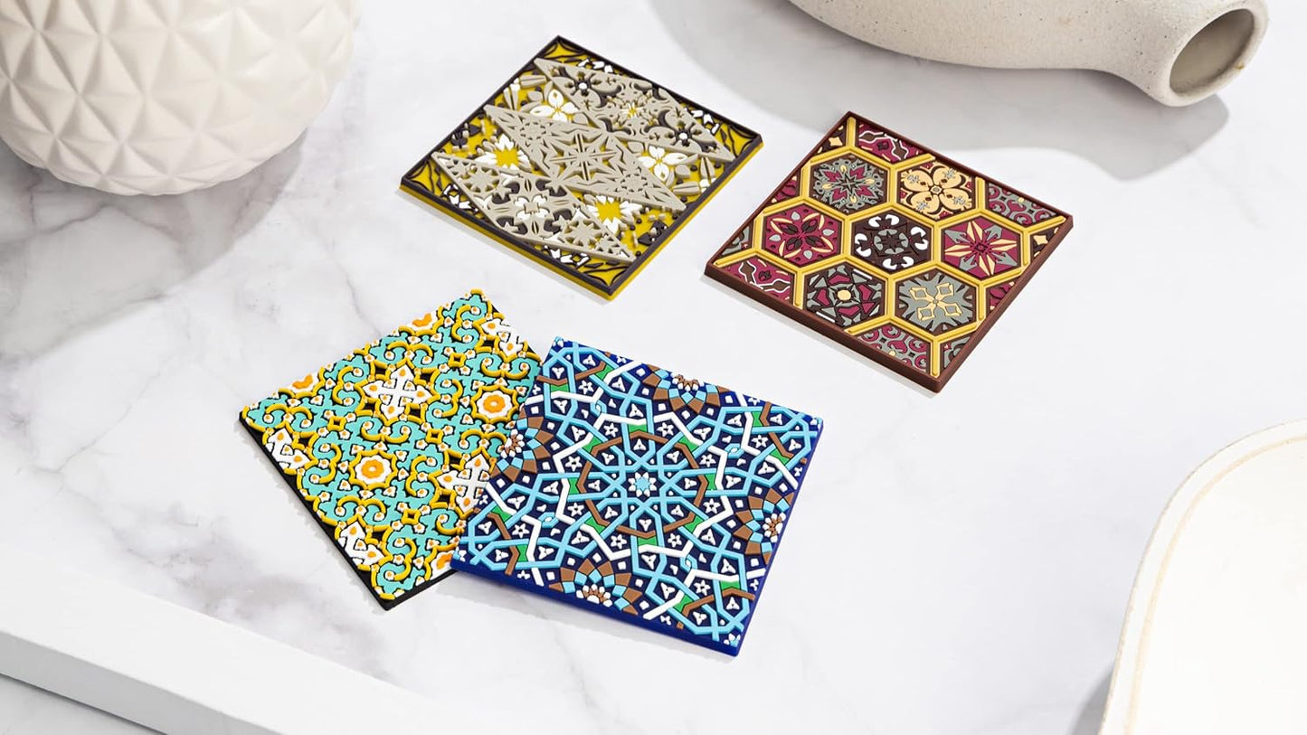 Silicone Coasters Set of 4, Protect Against Water Marks or Damage - Fit All Cups, 3.5" Inch Size, Colored Coasters (Combination)