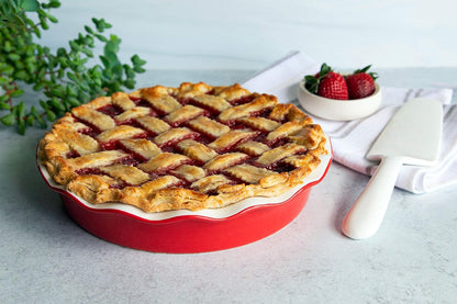 KooK Pie Dish, Pie Pan, Quiche Baking Dish, Ceramic Round, Deep Baking Dish, for Cakes, Tart, Microwave, Oven, Dishwasher Safe, 44 Oz, (Cherry)