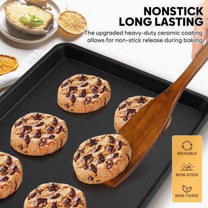 4 Pack Baking Sheet Pan Set Non Stick, Carbon Steel Cookie Sheets for Baking with Wire Rack, Cooling Racks for Cooking and Baking, Thicker Ceramic Half/Quarter/Jelly Roll Baking Trays for Oven