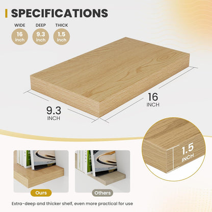 16 Inch Floating Shelves, 9.3" Deep Floating Shelf Wall Mounted, 16" Wall Shelves, Rustic Deep Bookshelf, Large Display Shelves & Storage Shelves for Bedroom, Living Room, Oak, Set of 2