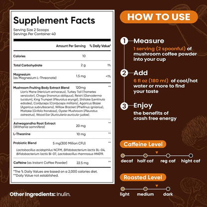 Venture Pal Mushroom Coffee with 12 Adaptogenic Functional Mushrooms with Ashwagandha, Lion's Mane, Chaga and Probiotics, 1200mg Mushrooms Instant Coffee for Focus, Digestion & Immunity - 40 Servings