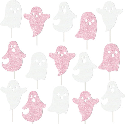 Halloween Ghost Cupcake Decoration 24Pcs Ghost Cupcake Toppers Double Sided Glitter White Pink Halloween Birthday Baby Shower Supplies for Ghost Boo Theme Party Cake Decor