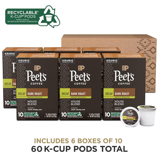 Peet's Coffee, Dark Roast Decaf Keurig K-Cup Pods - Decaf House Blend 60 Count (6 Boxes of 10 K-Cup Pods)