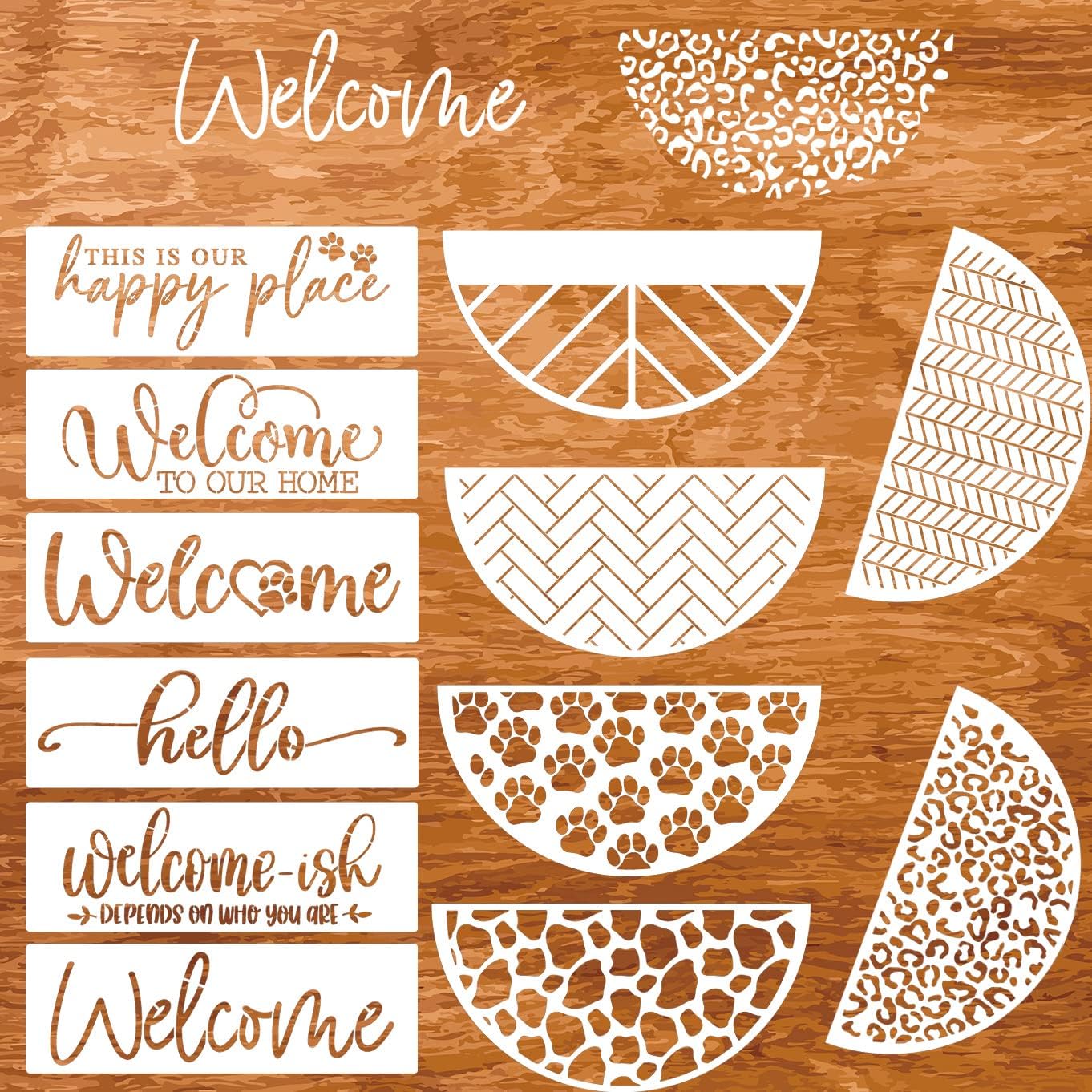 Welcome Stencils for Painting on Wood Welcome Stencil for Wood Sign 12" Reusable Templates Brick/Leopard Print/Herribone/Cow Print Pattern Stencil