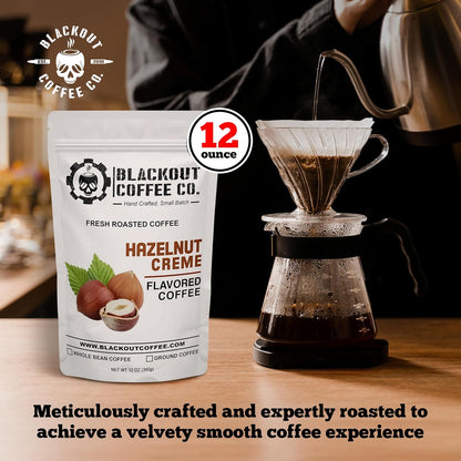Blackout Coffee Hazelnut Creme Flavored - Freshly Roasted in the USA - 12 oz Ground Coffee Pouch