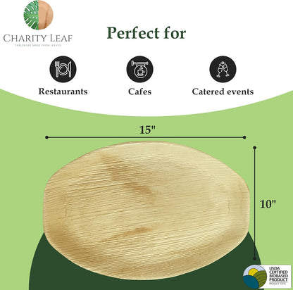 Charity Leaf Disposable Palm Leaf 15" x 10" Trays (10 pieces) Bamboo Like Serving Platters, Disposable Boards, Eco-Friendly Dinnerware For Weddings, Catering, Events